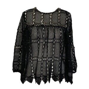 Anthropologie Maeve Top Women Size S Black Lace Overlay Sheer Peasant Blouse